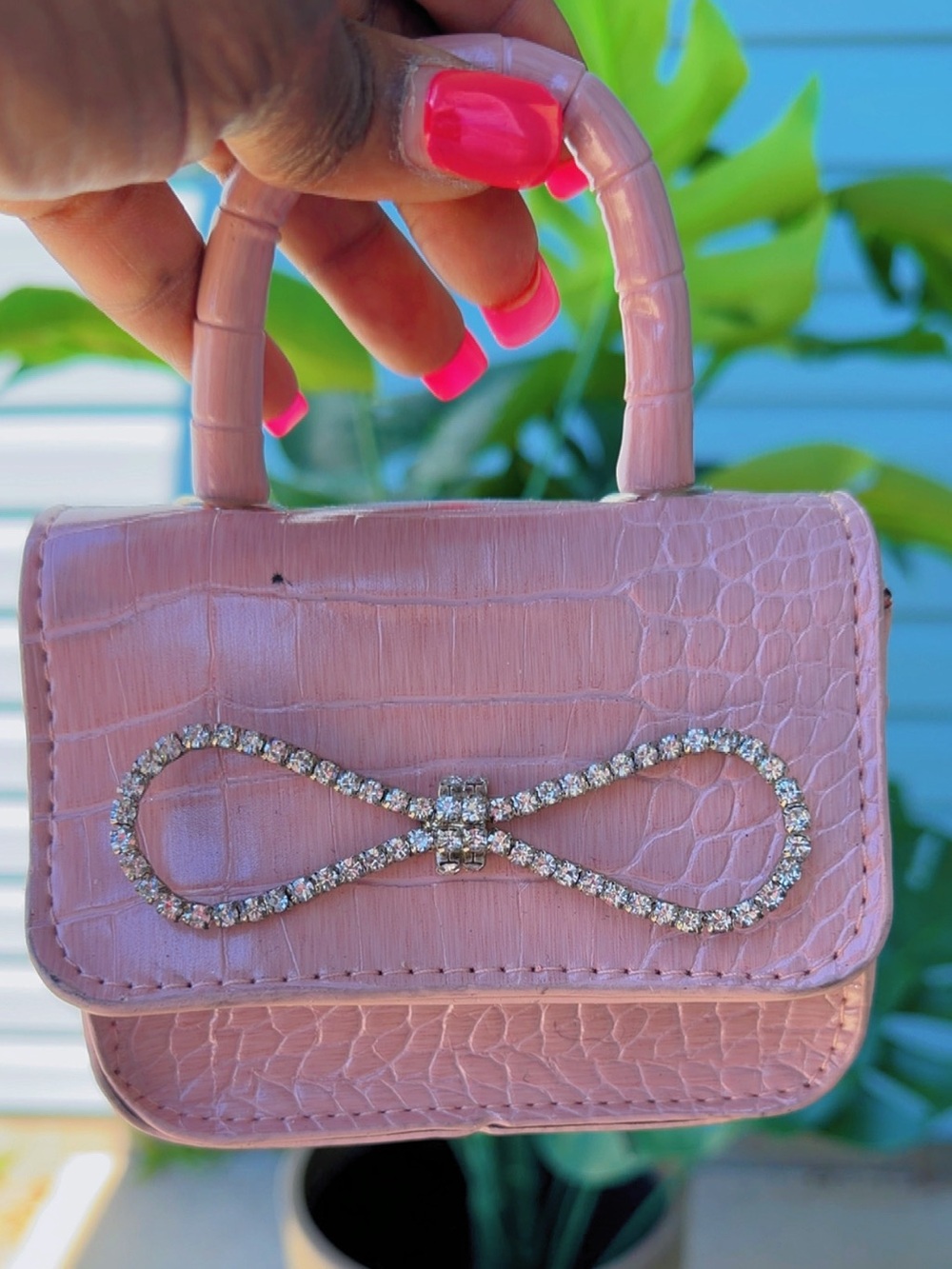 Pink Mini Top-Handle Bag with Crystal Bow Accent